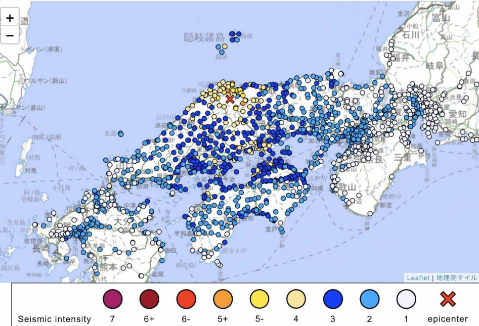 Cường độ của trận động đất đầu tiên vào sáng 6/12 được thể hiện trên bản đồ của cơ quan khí tượng Nhật Bản: Nguồn: JMA.