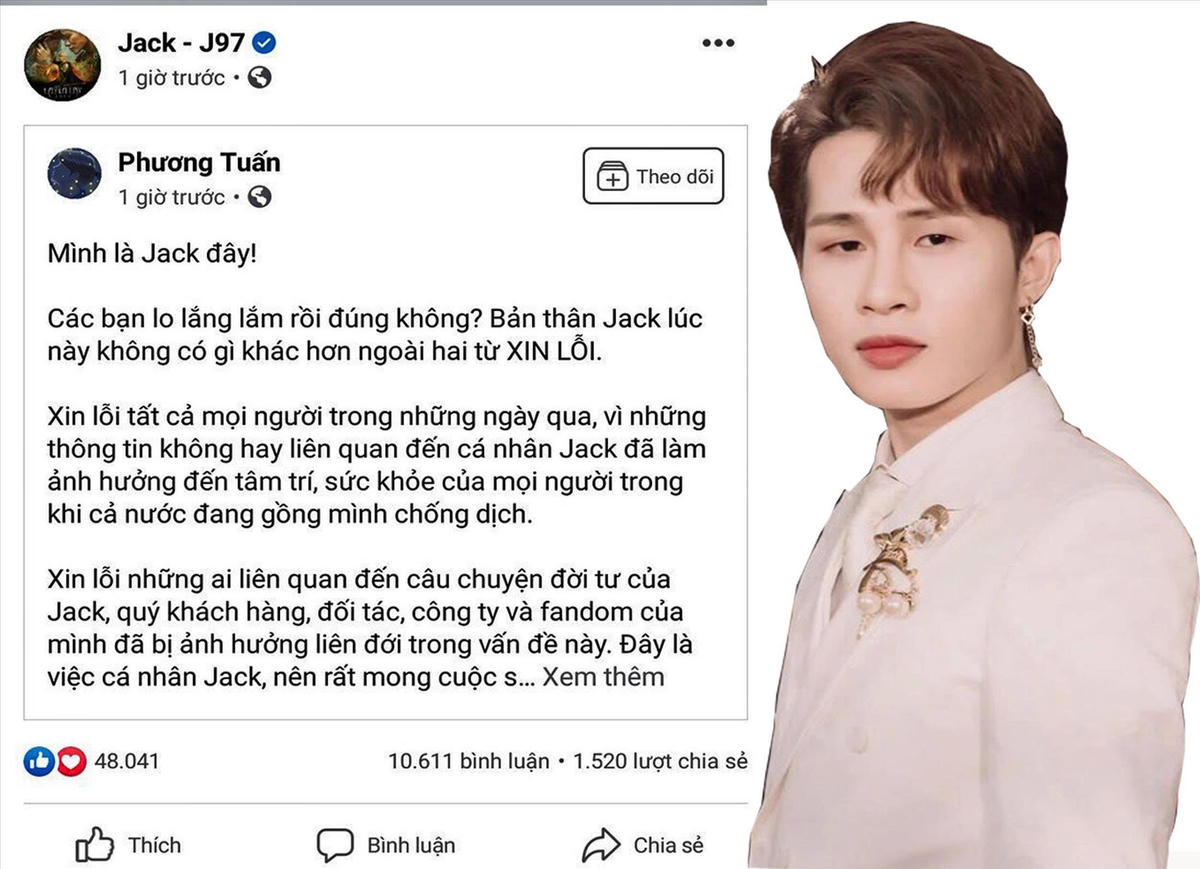 Ca sĩ Jack gửi lời xin lỗi tới người hâm mộ sau bê bối đời tư. Ảnh MXH.