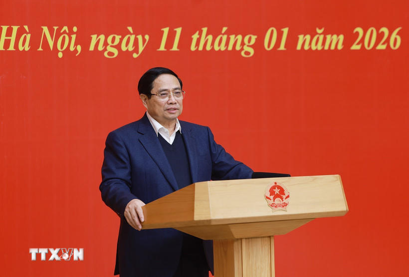 Thủ tướng Phạm Minh Chính chủ trì Hội nghị tổng kết công tác năm 2025 và triển khai phương hướng, nhiệm vụ năm 2026 của Ban Chấp hành Đảng bộ Chính phủ. (Ảnh: Dương Giang/TTXVN).