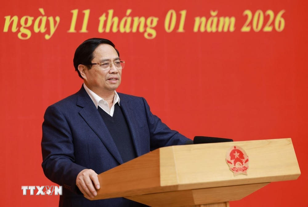 Thủ tướng Phạm Minh Chính phát biểu chỉ đạo Hội nghị triển khai phương hướng, nhiệm vụ năm 2026 của Ban Chấp hành Đảng bộ Chính phủ. (Ảnh: Dương Giang/TTXVN).