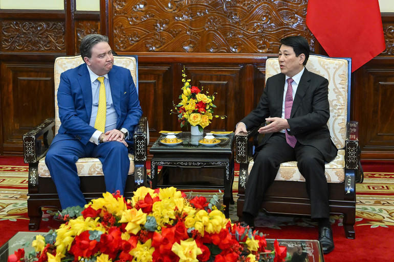 Chủ tịch nước Lương Cường tiếp Đại sứ Hoa Kỳ tại Việt Nam Marc Knapper. Ảnh: Thủy Nguyên