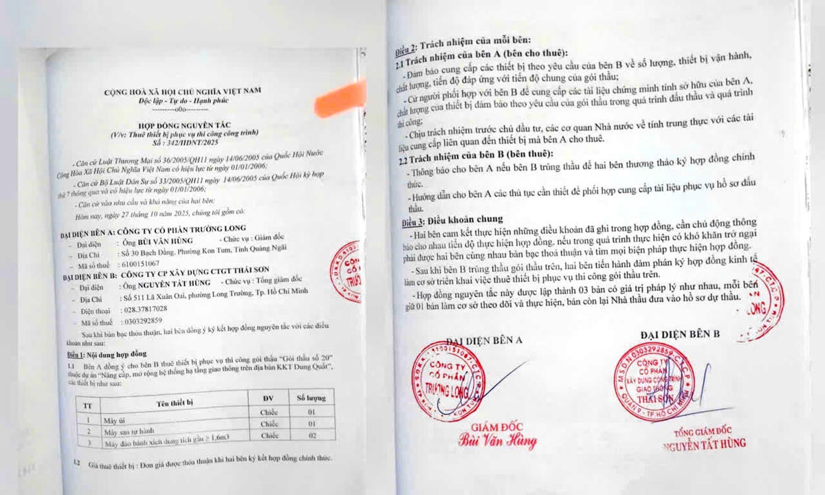 Hợp đồng số 342/HĐNT/2025 ký ngày 27/10/2025 giữa Công ty Thái Sơn và Công ty CP Trường Long 