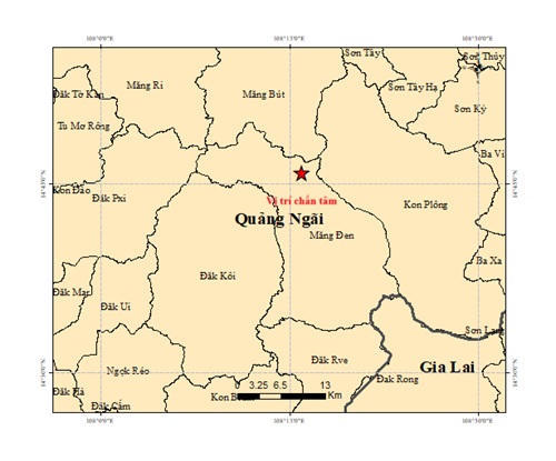 Vị trí nơi xảy ra tâm chấn động đất 3.7 độ Richter ở xã Măng Đen. Ảnh: Viện Các khoa học Trái đất.