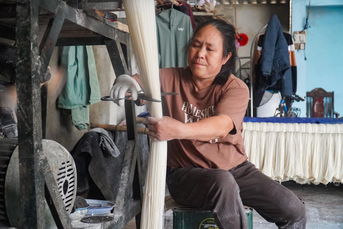 Sau khi bột được hấp thành sợi, người thợ sẽ cắt miến thành các đoạn nhỏ. Ảnh: Đình Minh