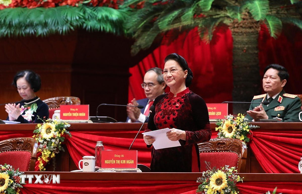 Đồng chí Nguyễn Thị Kim Ngân, Ủy viên Bộ Chính trị, Chủ tịch Quốc hội, thay mặt Đoàn Chủ tịch điều hành Đại hội. (Ảnh: TTXVN).