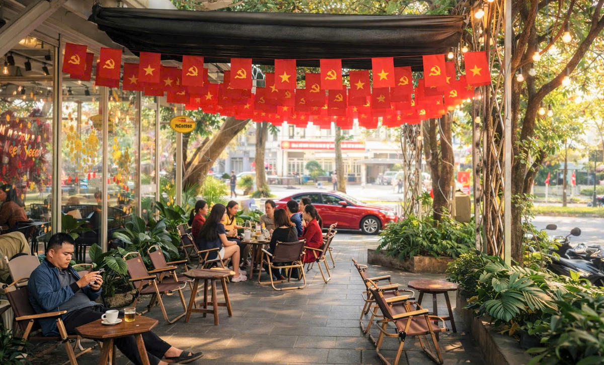 Các quán cà phê ở phường Bàn Thạch, TP Đà Nẵng trang trí cờ Đảng, cờ Tổ quốc chào mừng Đại hội đại biểu toàn quốc lần thứ XIV của Đảng. Ảnh: Chí Đại.