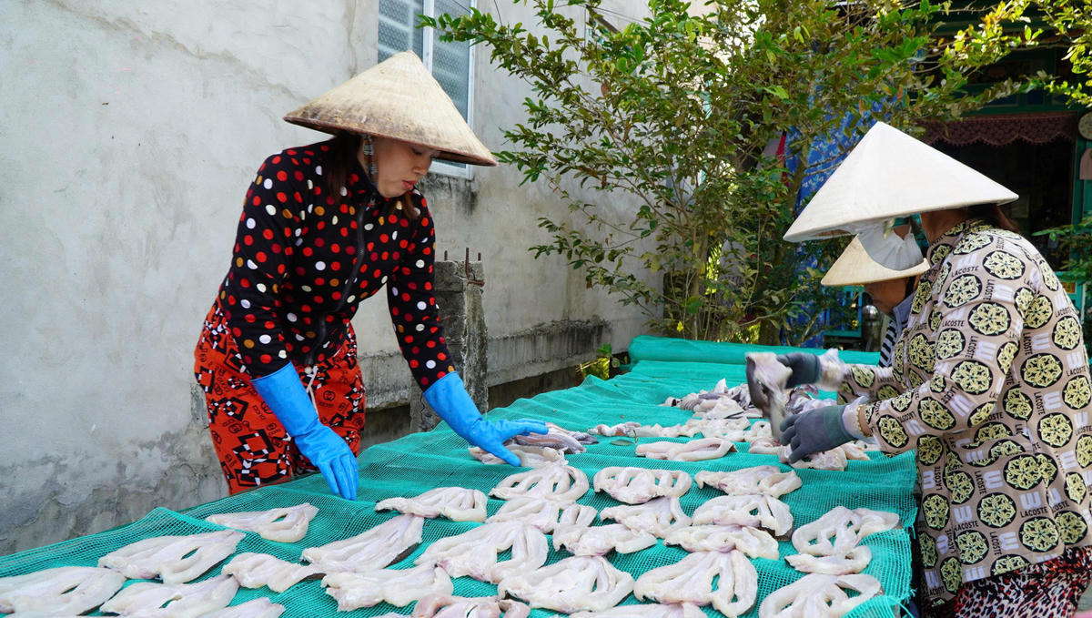 Các hộ sản xuất cá khô ở xã Phú Thọ đang tất bật phơi khô phục vụ thị trường Tết Bính Ngọ năm 2026. Ảnh: Trung Ngãi.&nbsp;