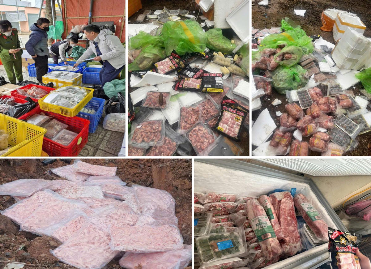 Hơn 1,1 tấn thực phẩm không rõ nguồn gốc được phát hiện tại 5 kho lạnh. Ảnh: CATH