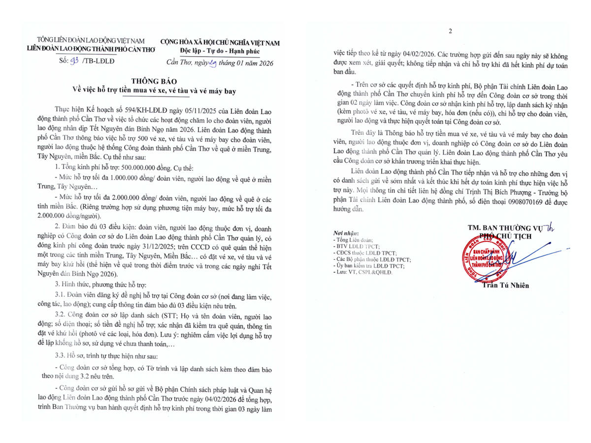 Thông báo của&nbsp;Liên đoàn Lao động TP Cần Thơ.