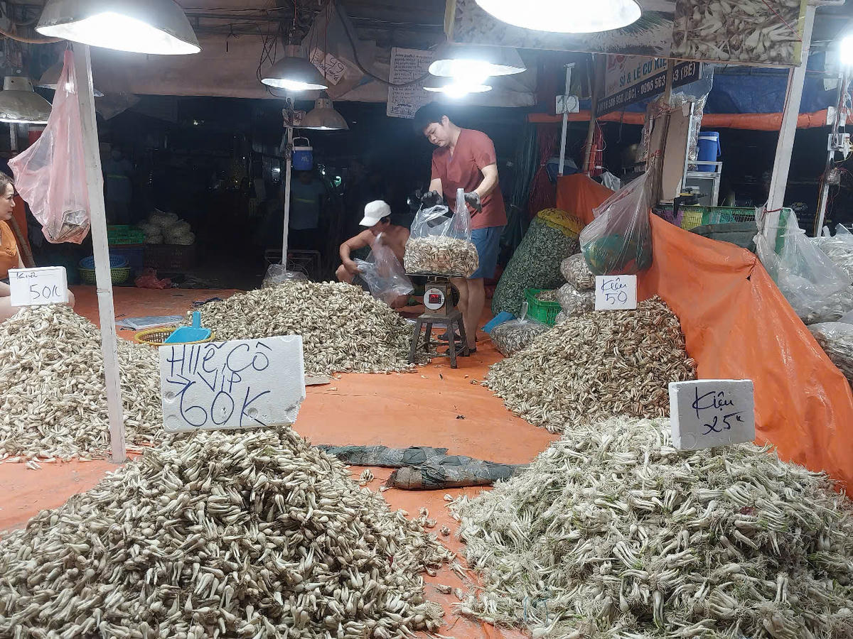 Tiểu thương cho hay, giá củ kiệu dao động từ 25.000 - 60.000 đồng/kg. Ảnh: S.X