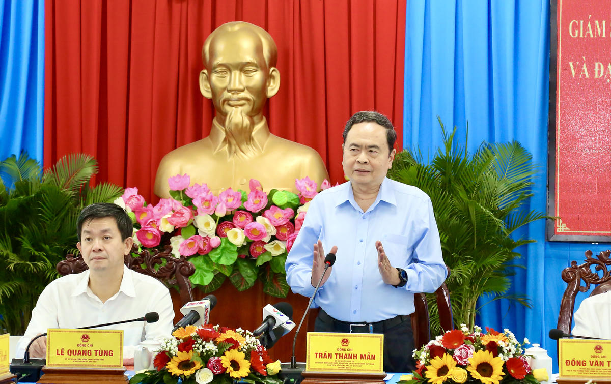 Chủ tịch Quốc hội, Chủ tịch Hội đồng Bầu cử quốc gia Trần Thanh Mẫn phát biểu tại buổi làm việc. (ảnh: Thanh Tiến)