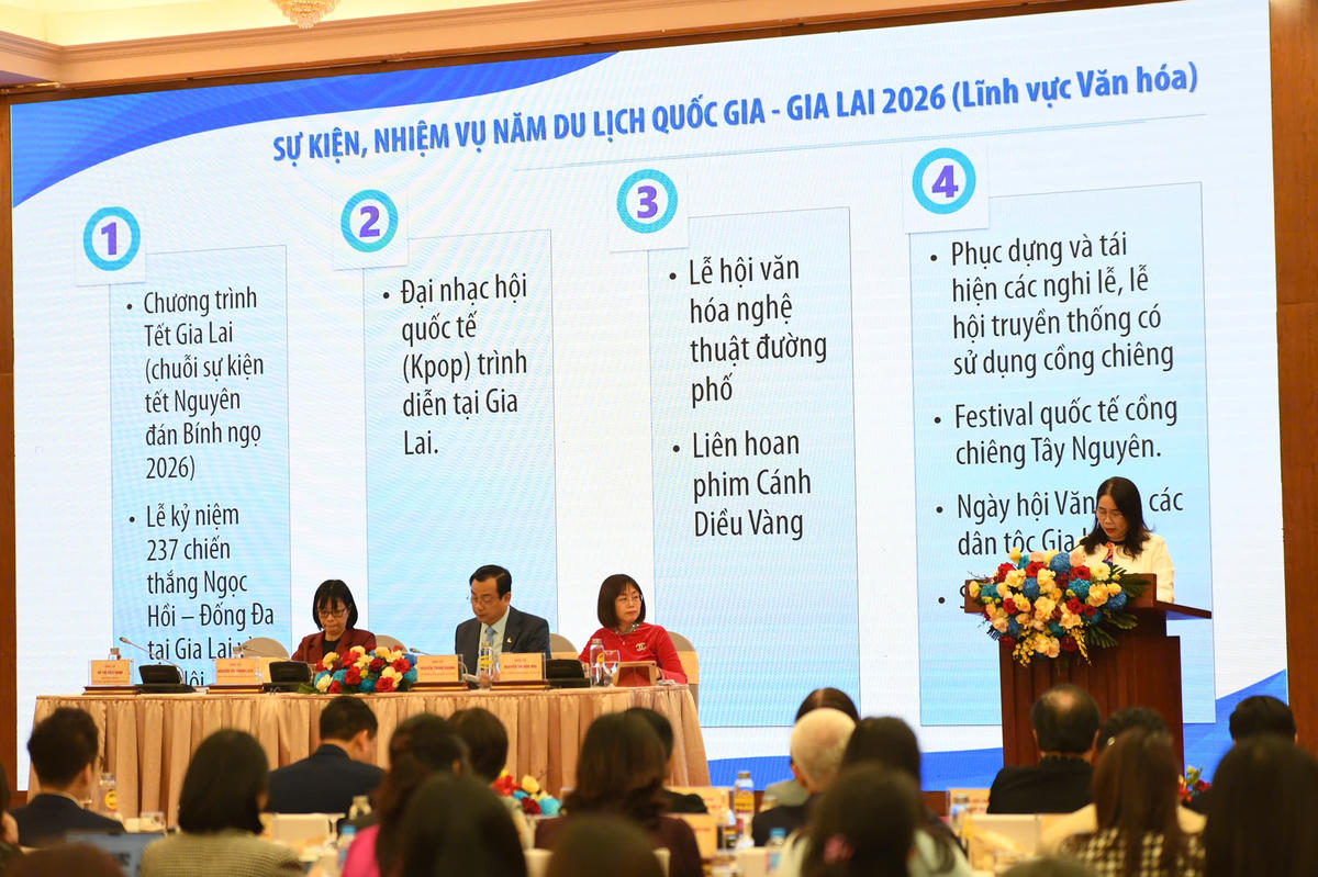 Bà Đỗ Thị Diệu Hạnh - Giám đốc Sở Văn hóa-Thể thao và Du lịch giới thiệu về những hoạt động sự kiện, nhiệm vụ Năm Du lịch quốc gia - Gia Lai 2026. Ảnh: Phạm Sỹ.