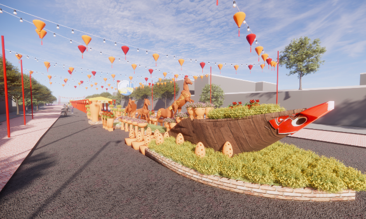 Phối cảnh không gian gốm và hoa ở chợ hoa xuân trên bến dưới thuyền.
