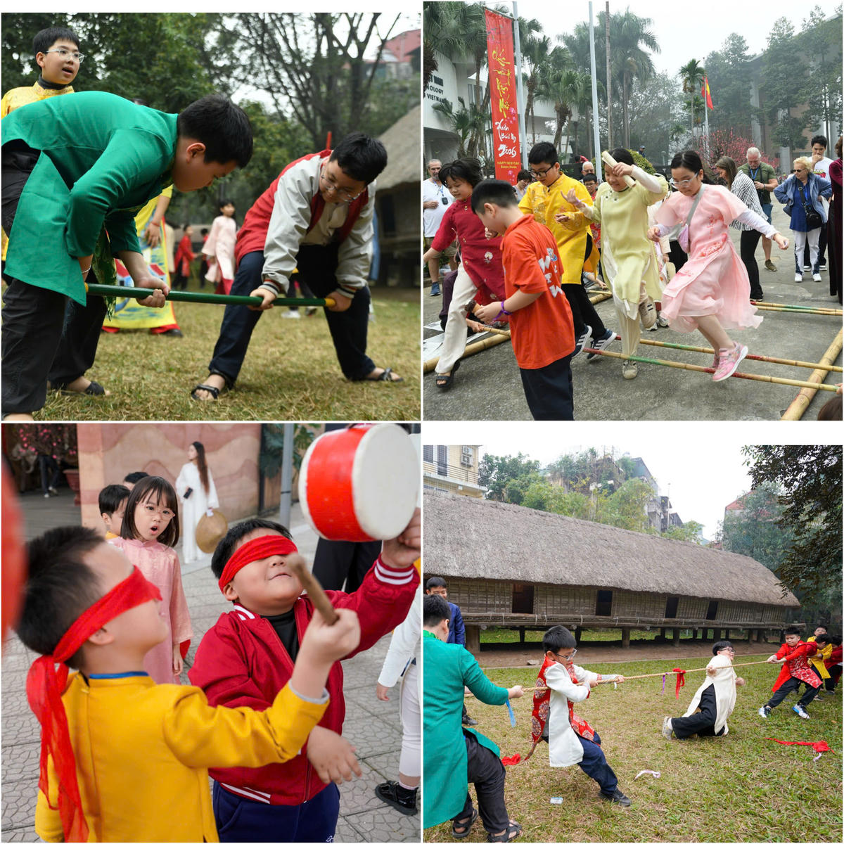 Các em nhỏ được tham gia trải nghiệm nhiều trò chơi dân gian truyền thống tạo nên bức tranh xuân đầy sức sống. Ảnh: Phạm Sỹ.