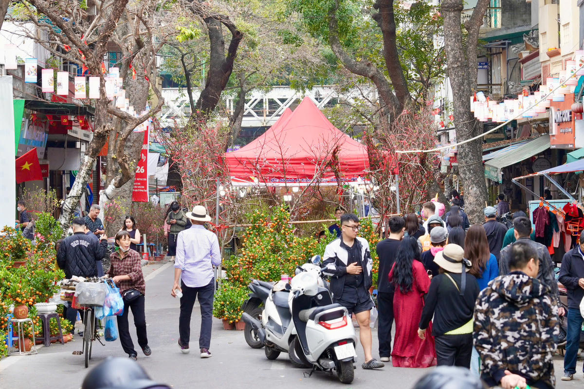 Trong ngày đầu khai mạc, chợ Hoa Xuân Phố cổ đã thu hút hàng nghìn người dân và du khách đến tham quan và mua sắm. Ảnh: Quỳnh Anh.
