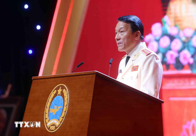 Đại tướng Lương Tam Quang, Ủy viên Bộ Chính trị, Bí thư Đảng ủy Công an Trung ương, Bộ trưởng Bộ Công an phát biểu. (Ảnh: Phạm Kiên/TTXVN).