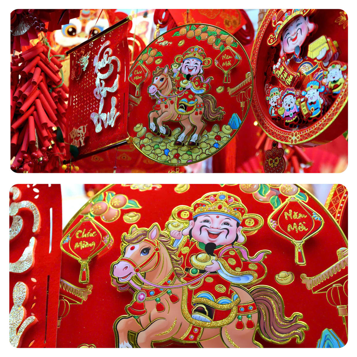 Dọc tuyến phố, những món đồ trang trí Tết với hình tượng con ngựa làm chủ đạo được treo bày rực rỡ, xen lẫn những câu chữ chúc xuân an lành, may mắn, góp phần dệt nên không gian xuân tươi vui, rộn ràng và đầy hy vọng. Ảnh: Phạm Sỹ.