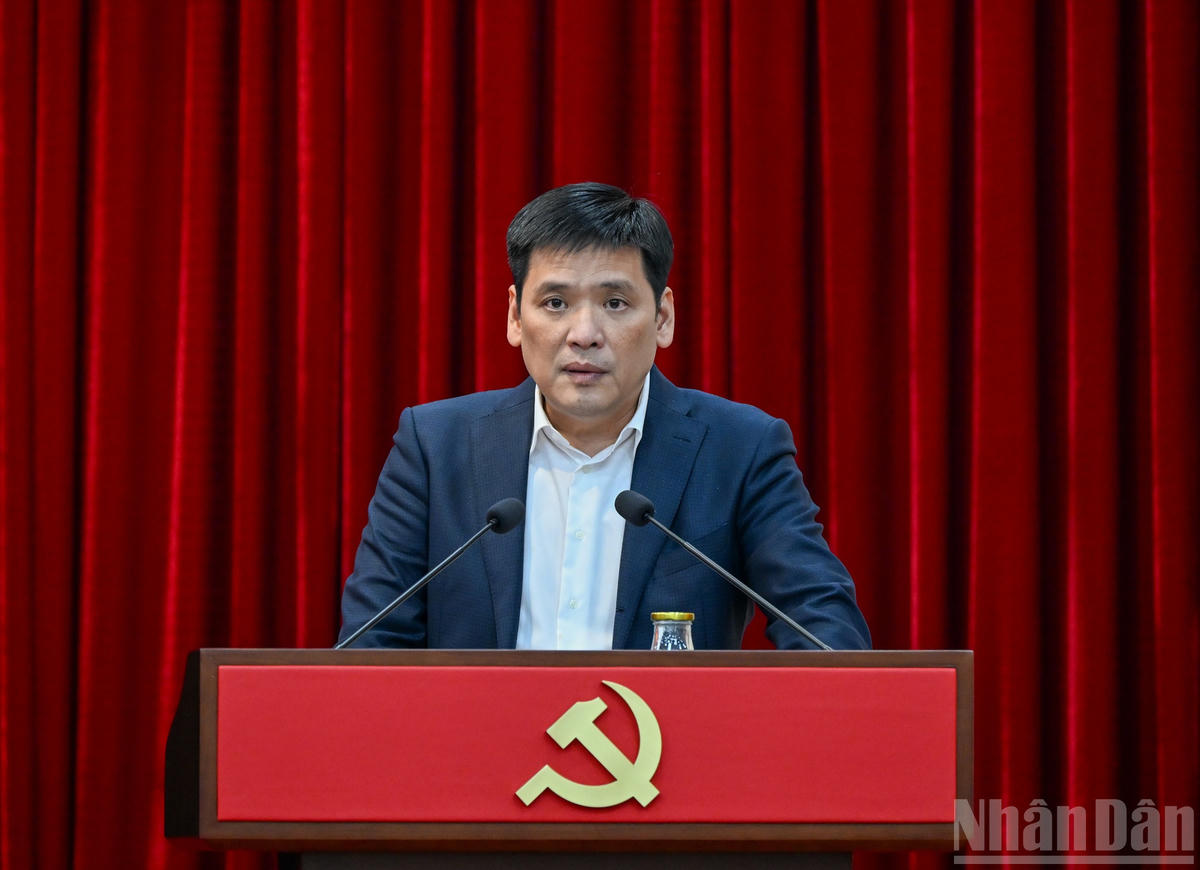 Phó Trưởng ban Tổ chức Trung ương Nguyễn Thanh Bình tham luận tại hội nghị. (Ảnh: DUY LINH)