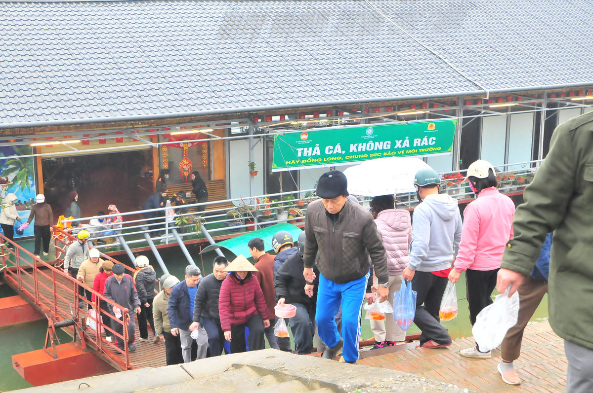 Sáng 10/2, người dân Tuyên Quang thực hiện tín ngưỡng thả cá tiễn ông Công, ông Táo trên sông Lô. Ảnh: Xuân Trường.