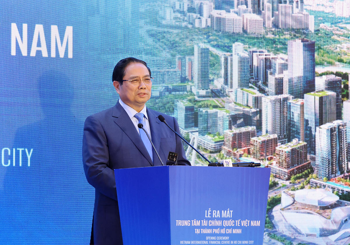 Thủ tướng Chính phủ Phạm Minh Chính phát biểu chỉ đạo tại Lễ ra mắt Trung tâm Tài chính Quốc tế Việt Nam tại TP Hồ Chí Minh. Ảnh: H.L
