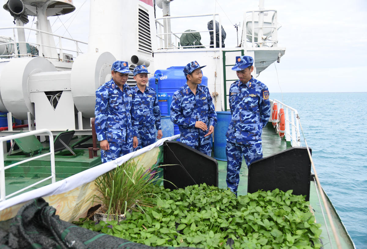 Đoàn Công tác kiểm tra công tác tăng gia trên tàu CSB 6007. Ảnh: Đức Định.