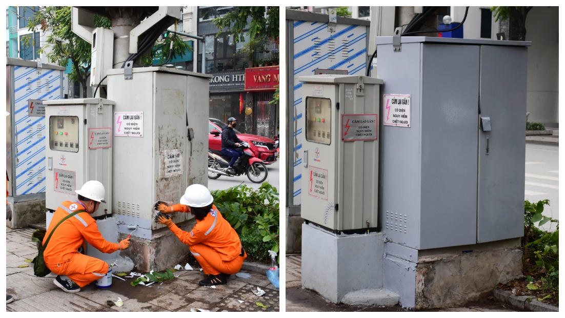 Vệ sinh bóc gỡ quảng cáo trên trạm biến áp tại phường Thanh Xuân