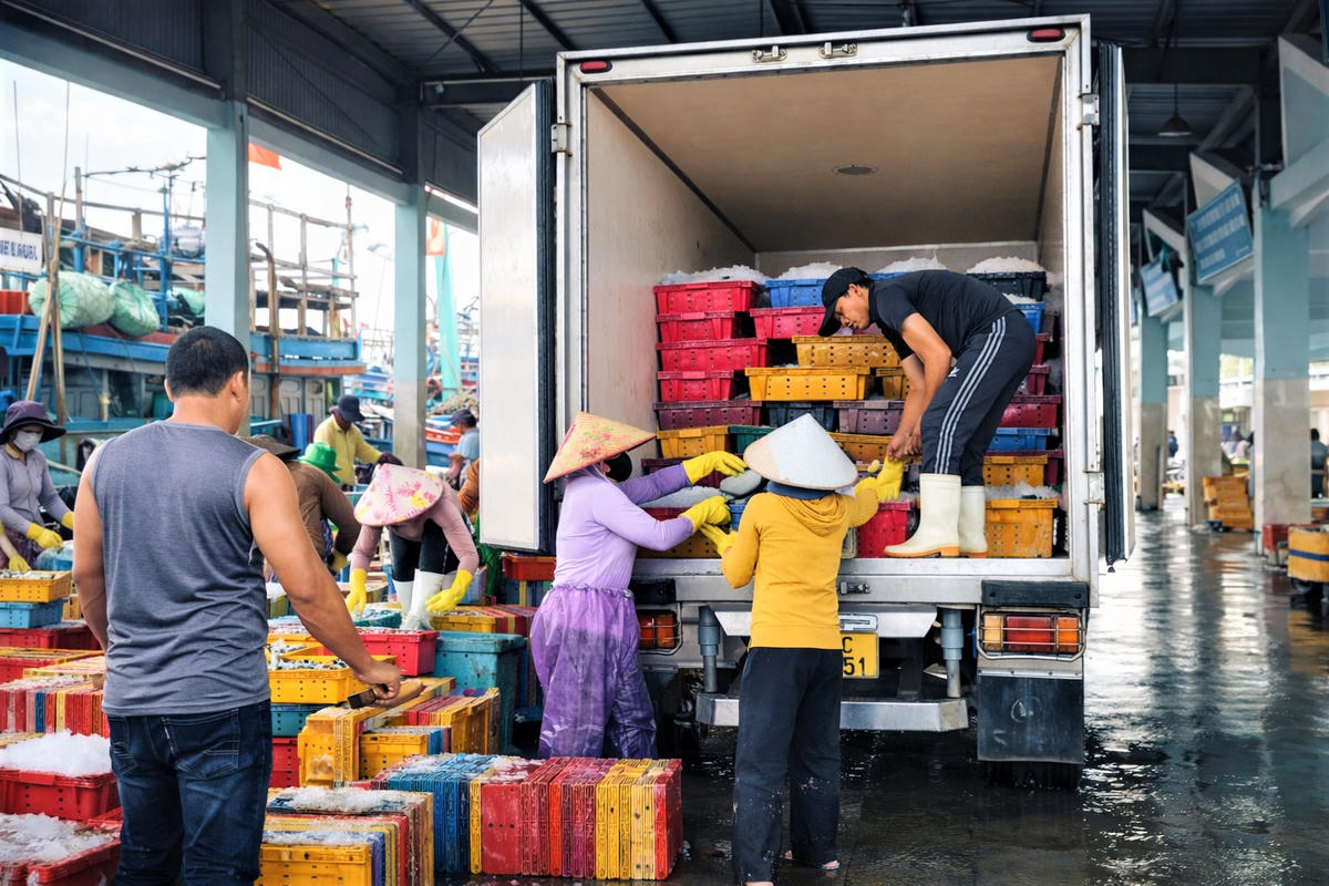 Nhân công vận chuyển từng sọt cá lên xe đông lạnh. Ảnh: Nguyễn Tín.

