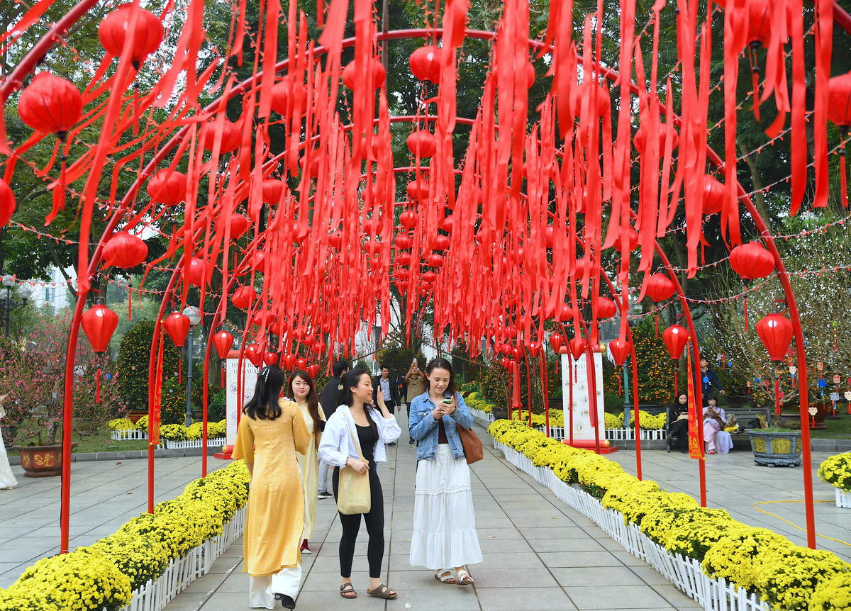 Con đường đèn lồng đỏ rực dẫn lối vào khu vườn đào quất. Ảnh: Phạm Sỹ.