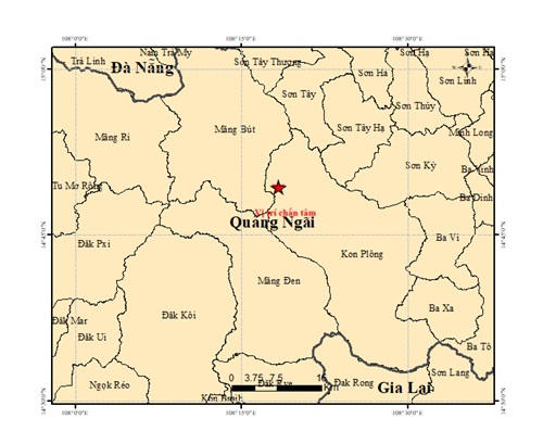 Vị trí nơi xảy ra tâm chấn động đất 3.7 độ Richter ở xã&nbsp;Kon Plong. Ảnh: Viện Các khoa học Trái đất.. 