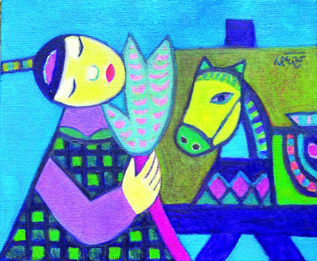 Cô bé và bức tranh ngựa (Sơn dầu). Tranh của họa sĩ Hoàng Phượng Vỹ.