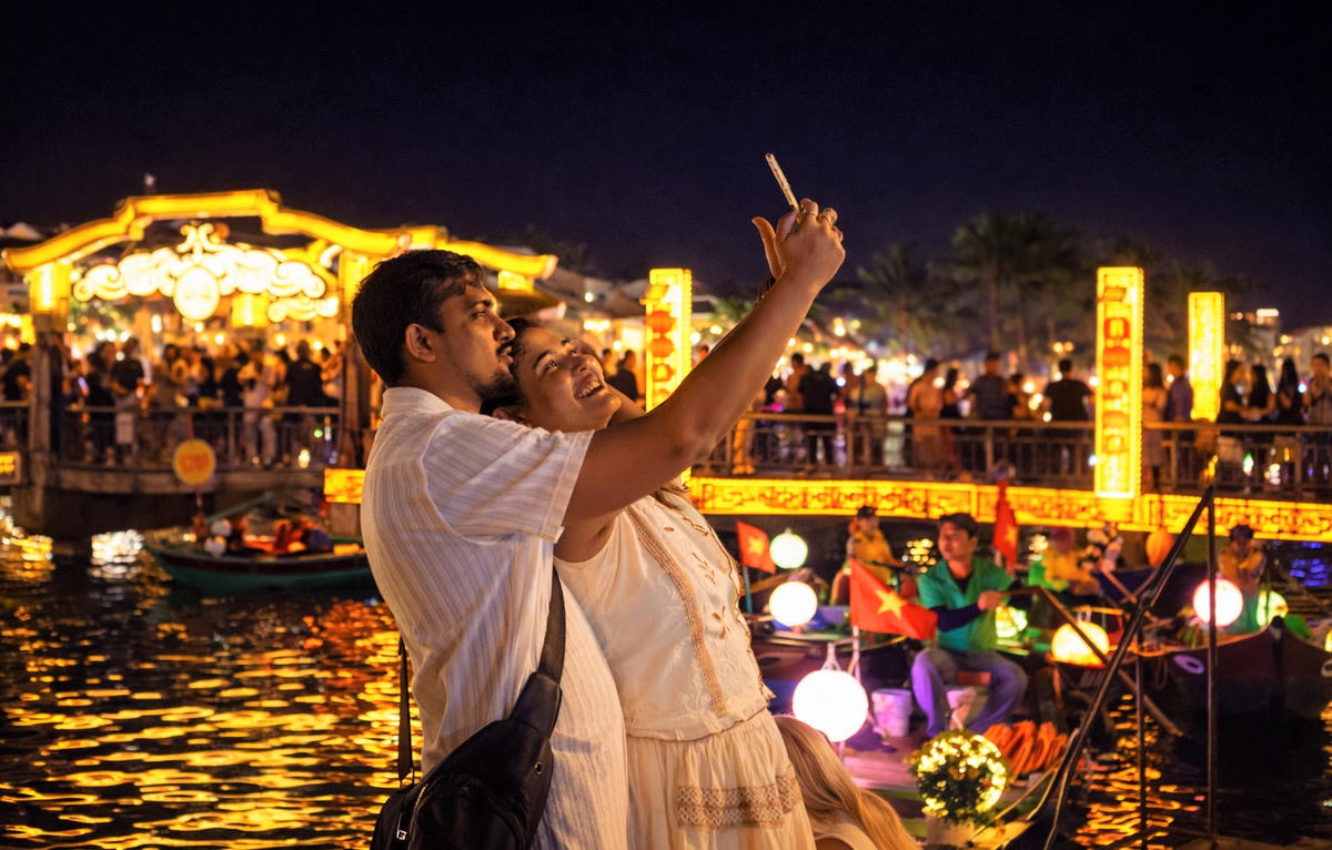 Du khách check in bên bờ sông Hoài. Ảnh: Tấn Thành.