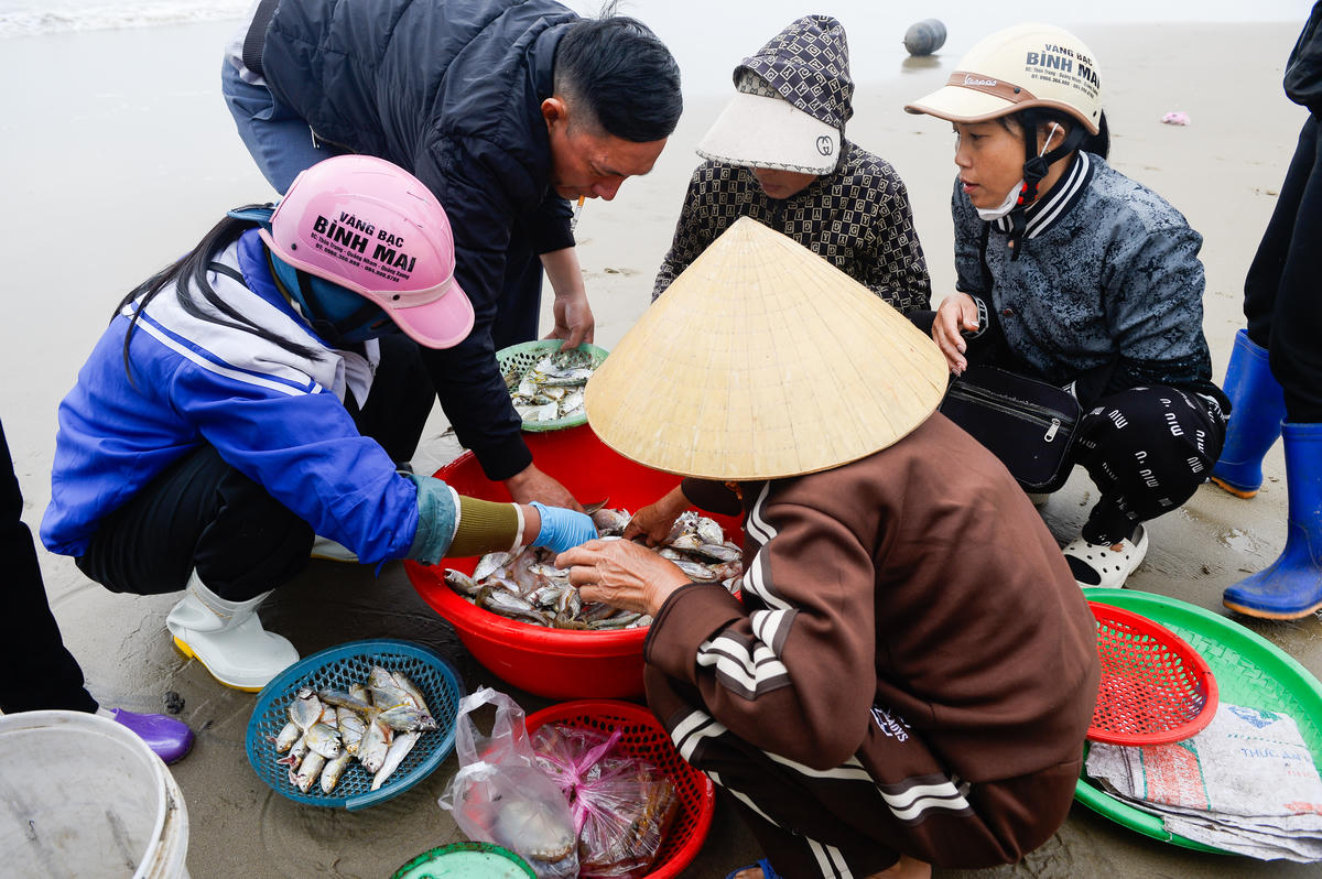 Thương lái đã chờ sẵn từ sớm, việc mua bán diễn ra ngay trên mép sóng, tạo nên không khí rộn ràng, nhộn nhịp. Ảnh: Đình Minh