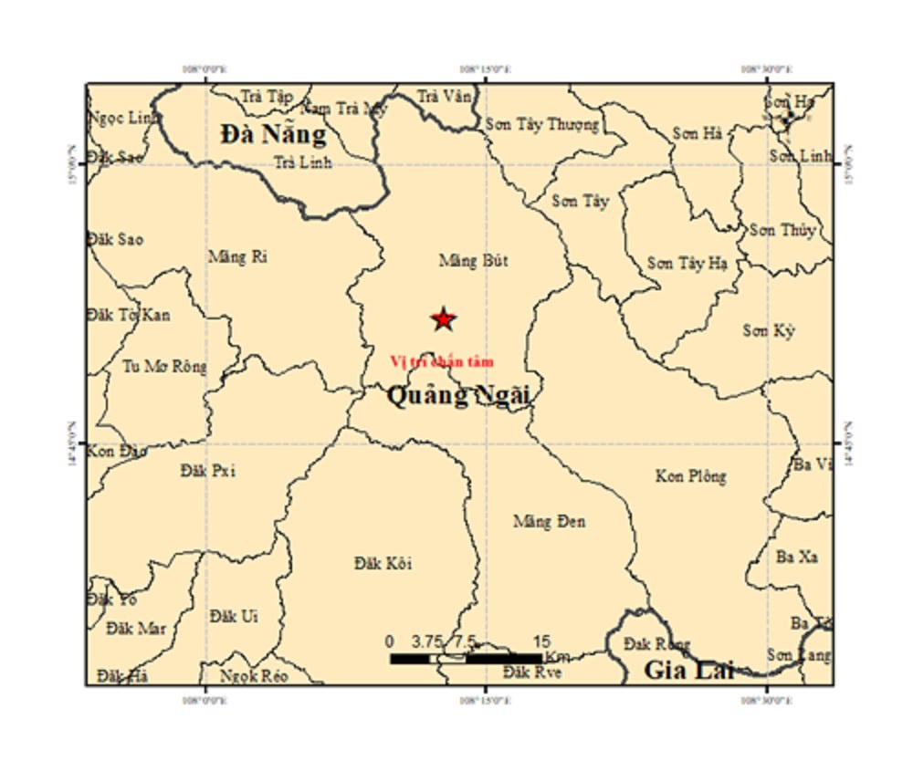 Vị trí tâm chấn động đất 4,0  độ Richter ở xã Măng Bút. Ảnh: Viện Các khoa học Trái đất.