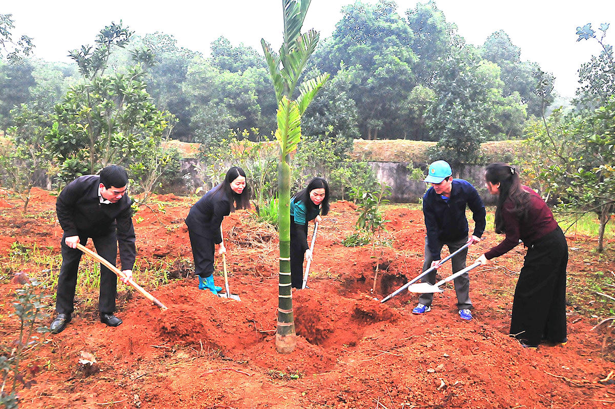 Lãnh đạo các tổ chức chính trị - xã hội thực hiện Lễ phát động "Tết trồng cây đời đời nhớ ơn Bác Hồ". Ảnh: Xuân Trường.