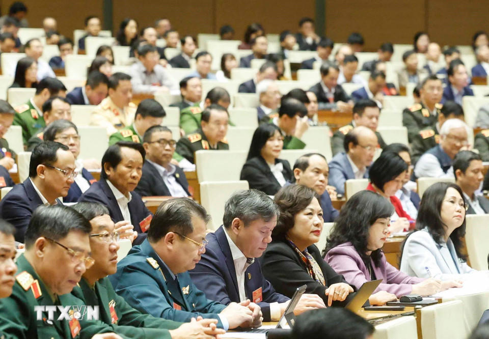 Các đại biểu tham dự hội nghị tại điểm cầu chính Hội trường Diên Hồng. (Ảnh: Thống Nhất/TTXVN).