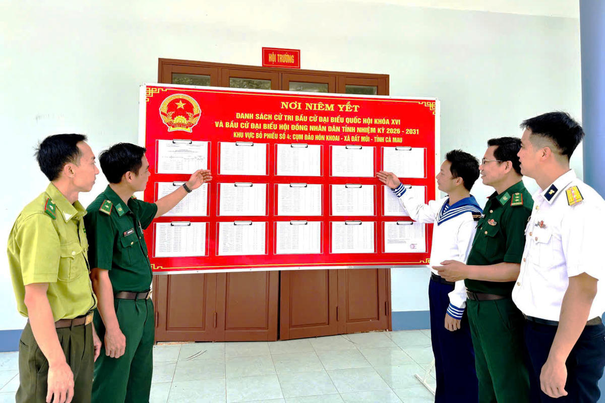 Các lực lượng vũ trang và đại diện đơn vị trên đảo kiểm tra, rà soát, niêm yết danh sách cử tri theo đúng quy định. Ảnh: Nguyên Du