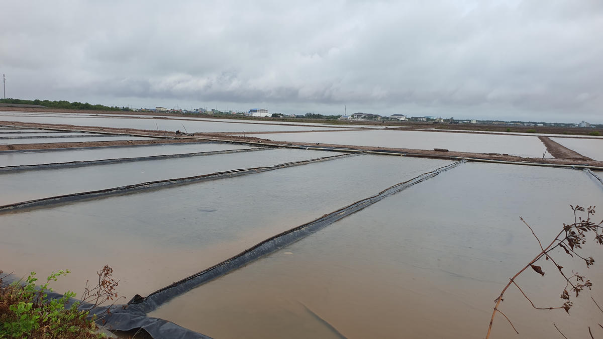 Ruộng muối tại cánh đồng muối xã Long Điền ngập trong nước mưa. Ảnh: Nguyên Du