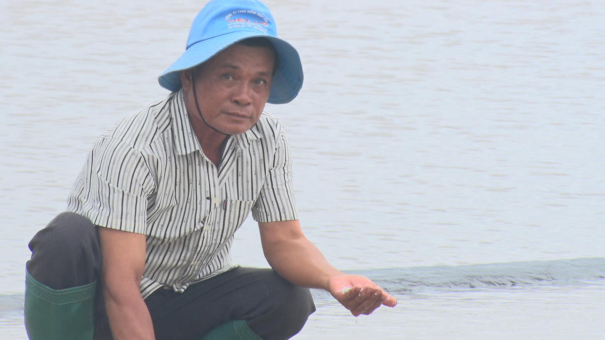 Diêm dân xã Long Điền tiếc nuối nhìn diện tích muối trải bạt kết tinh đang vào thời kỳ thu hoạch bị mưa trút xuống chỉ sau một đêm đã tan biến thiệt hại nặng nề. Ảnh: Nguyên Du