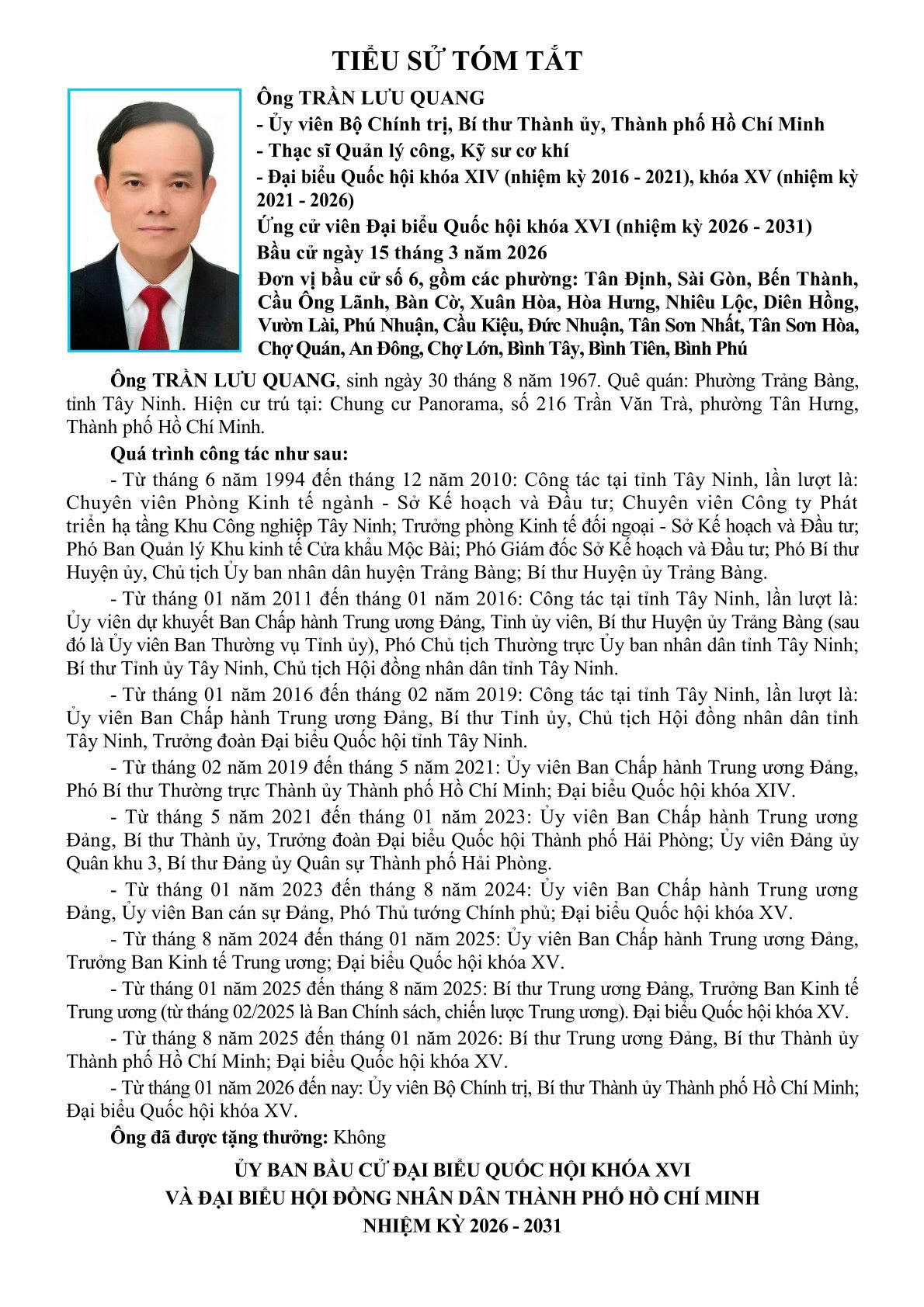 Tiểu sử và chương trình hành động của ông Trần Lưu Quang. 