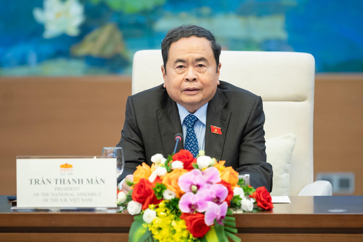 Chủ tịch Quốc hội Trần Thanh Mẫn phát biểu tại cuộc tiếp. Ảnh: Phạm Thắng