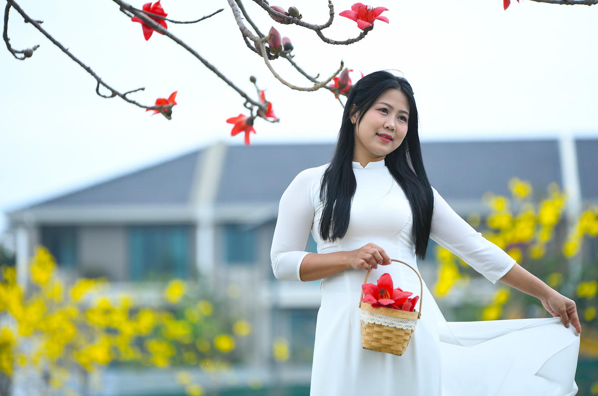 Không ít người lựa chọn áo dài, trang phục truyền thống để hòa cùng khung cảnh, tạo nên những bộ ảnh mang đậm sắc xuân Hà Nội.