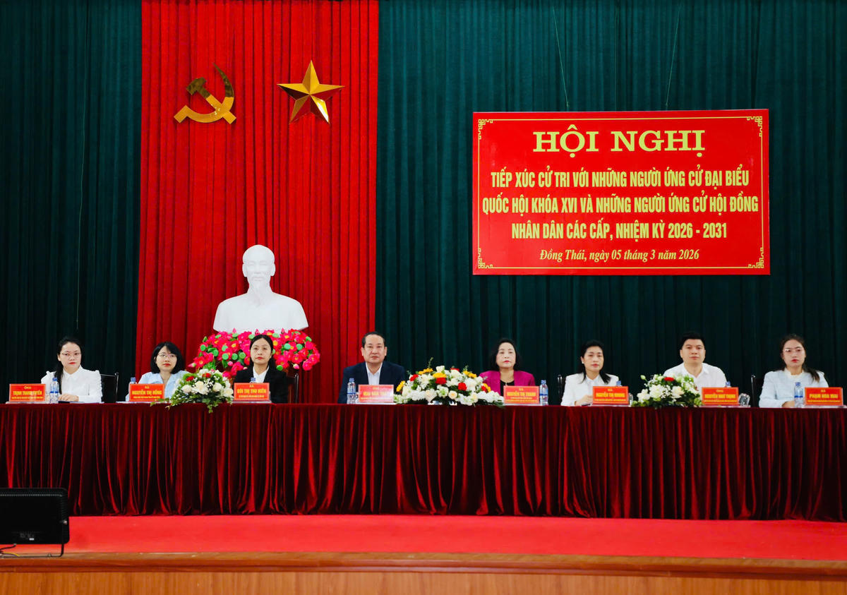 Các ứng cử viên ĐBQH và HĐND tỉnh tiếp xúc cử tri tại xã Đồng Thái. Ảnh: Đức Lam.