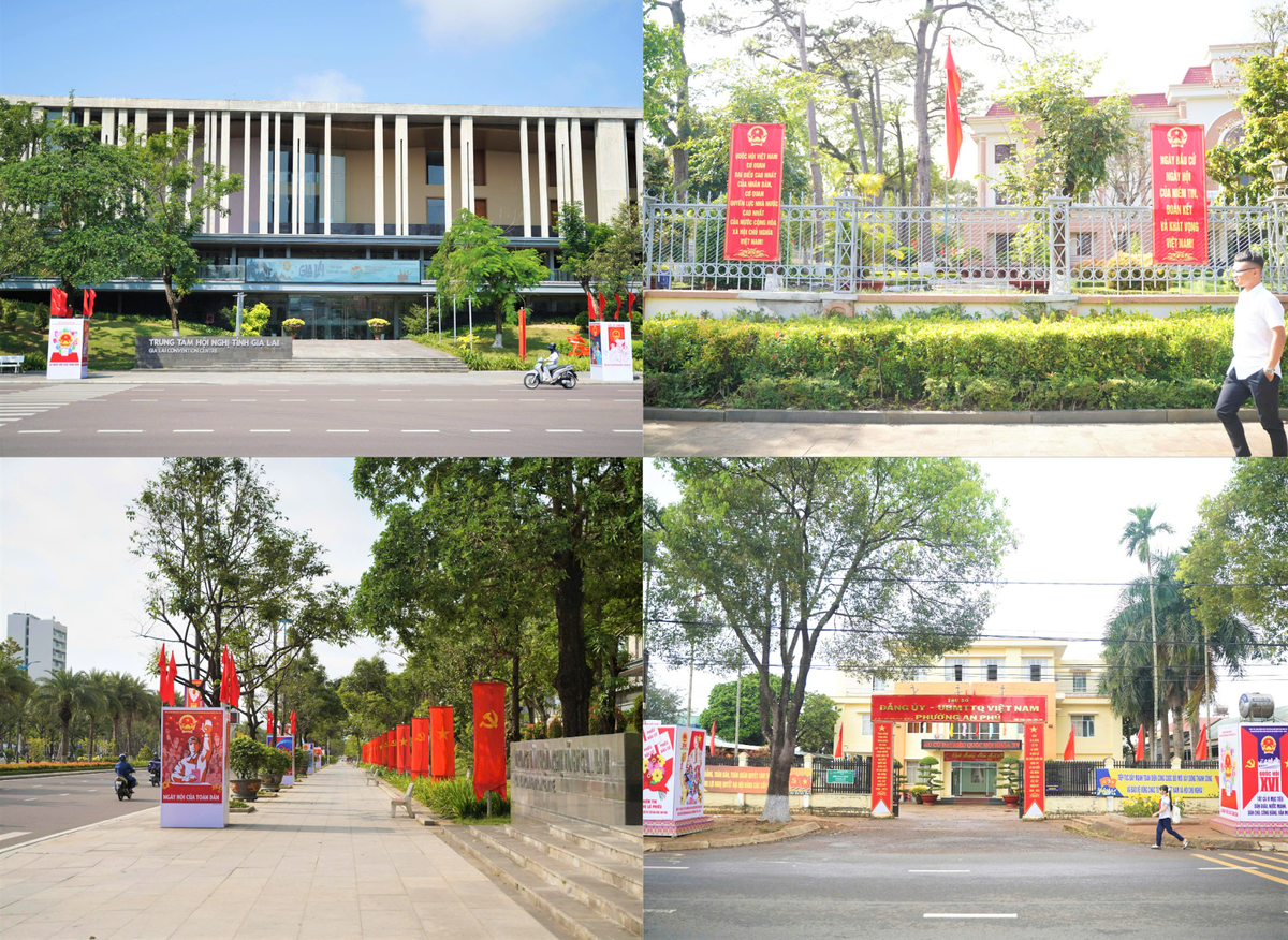 Nhiều tuyến đường trung tâm tỉnh Gia Lai trang trí băng rôn, cờ Tổ quốc chào mừng bầu cử. Ảnh: Đình Sang.