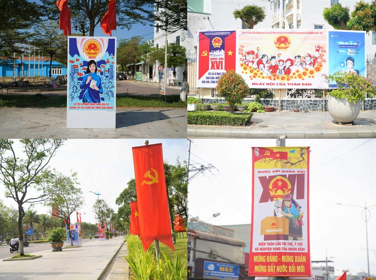 Pa nô, áp phích treo dọc các tuyến đường ở phường Quy Nhơn, tỉnh Gia Lai tuyên truyền bầu cử. Ảnh: Tấn Thành.