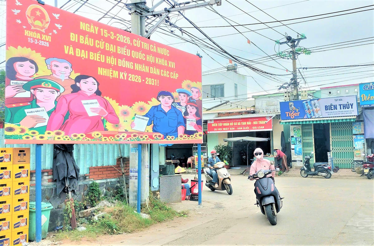 Dọc tuyến đường xã đảo Tam Hải áp phích tuyên truyền về bầu cử. Ảnh: Nguyễn Tín.