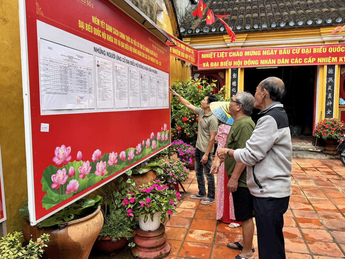 Cử tri người Việt gốc Hoa ở phường Hội An đang xem niêm yết danh sách ứng cử viên. Ảnh Nguyễn Tín.