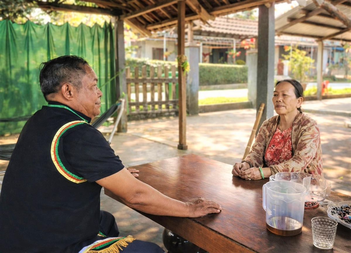 Bà Huỳnh Thị Dự, ở thôn Tak Kót chia sẻ về công tác bầu cử ở địa phương. Ảnh: Tấn Thành