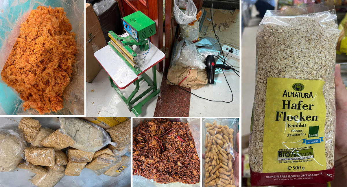 Số ruốc gà, ruốc lợn, hành phi... bị tổ công tác thu giữ. Ảnh: CATH. 