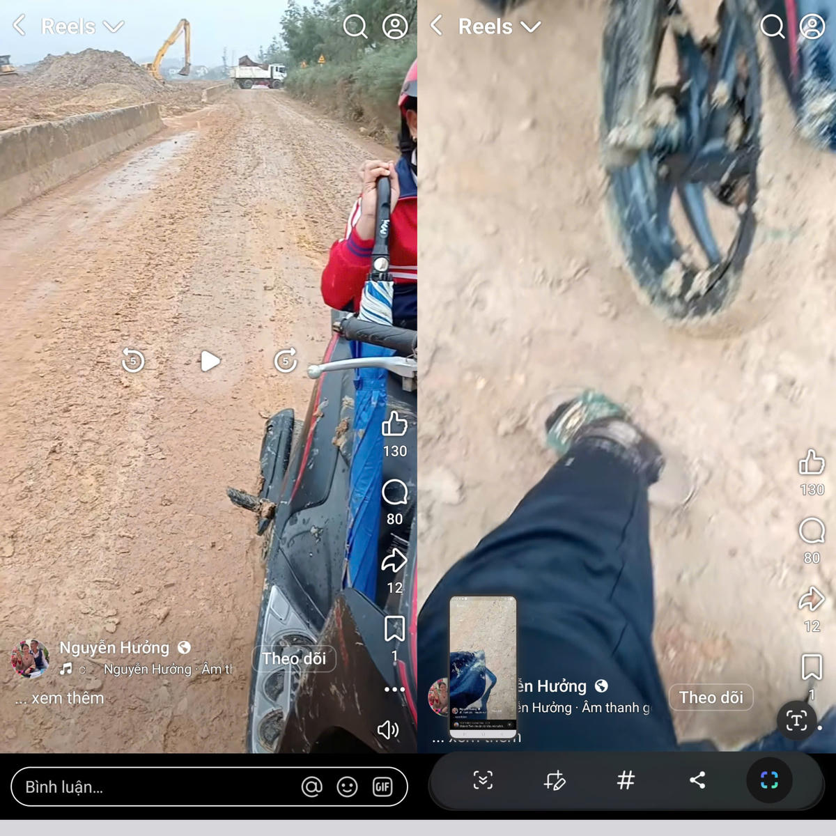 Liên tiếp bị tai nạn vì đường lầy lội, ô nhiễm môi trường người dân đăng phản ánh lên các trang mạng xã hội để cầu cứu. Ảnh chụp màn hình mẹ con chị Nguyễn Hưởng bị tai nạn giao thông trên đường qua bãi thải dịp tết Nguyên Đán vừa qua.