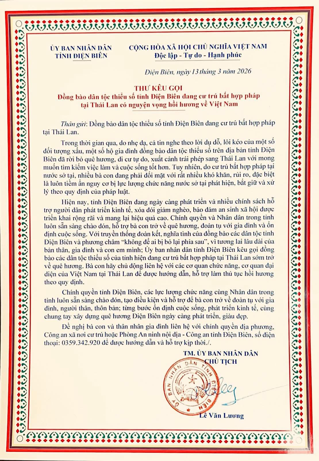 Thư kêu gọi đồng bào dân tộc thiểu số tỉnh Điện Biên đang cư trú bất hợp pháp tại Thái Lan hồi hương.